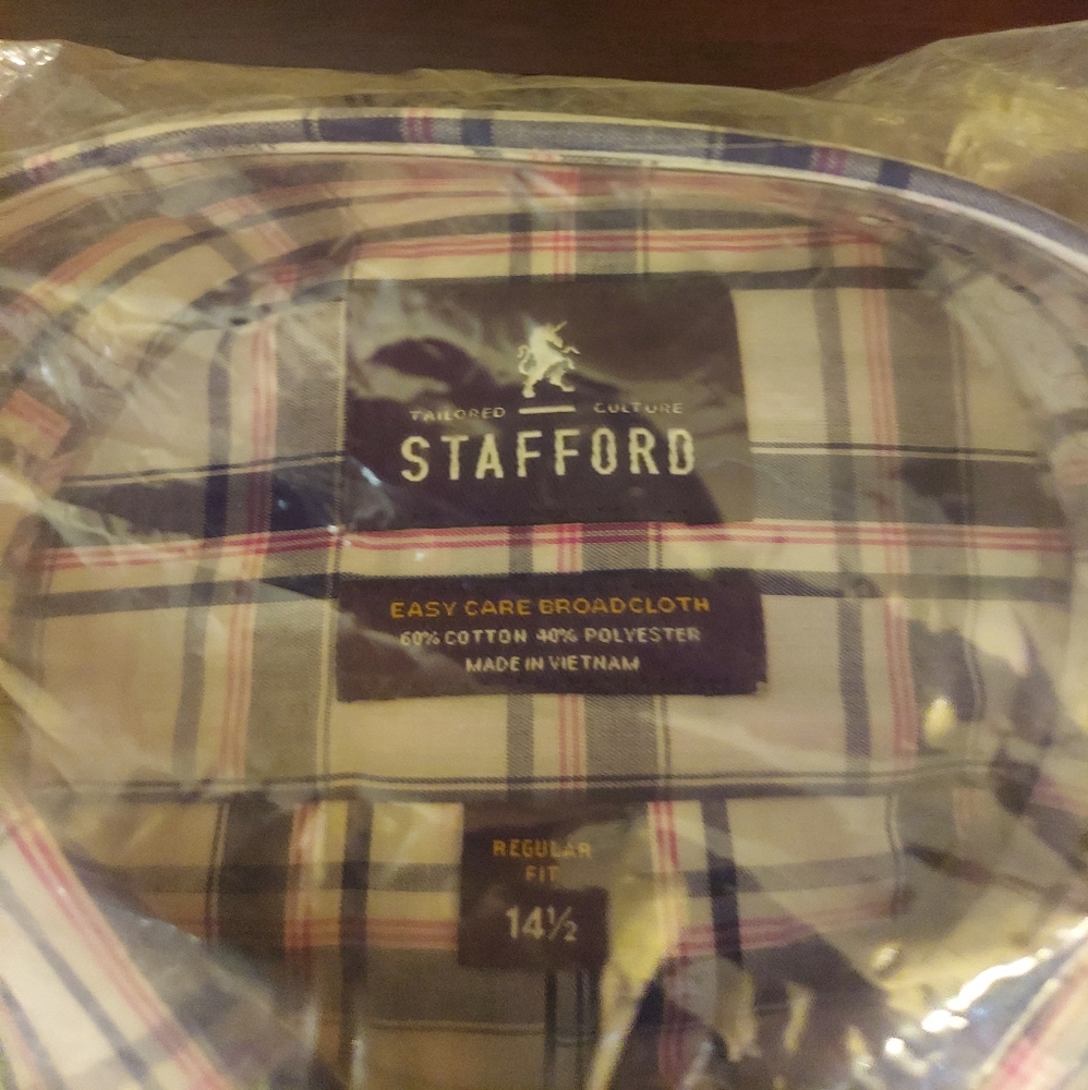 Button down shirt Red and Blue plaid design. Stafford. Size 14 1/2 Regular fit.